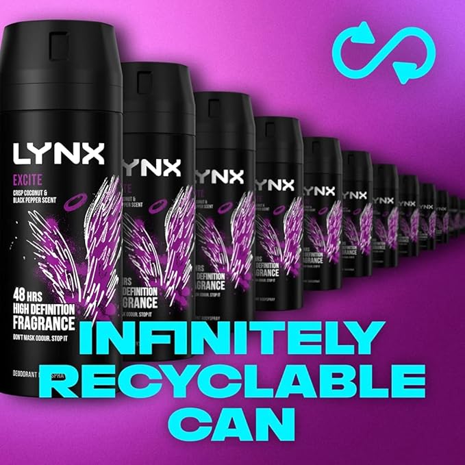 6 Pack of 150ml Lynx Excite 48 hrs High Definition Fragrance Crisp Coconut Black Pepper Scent Deodorant Body spray
