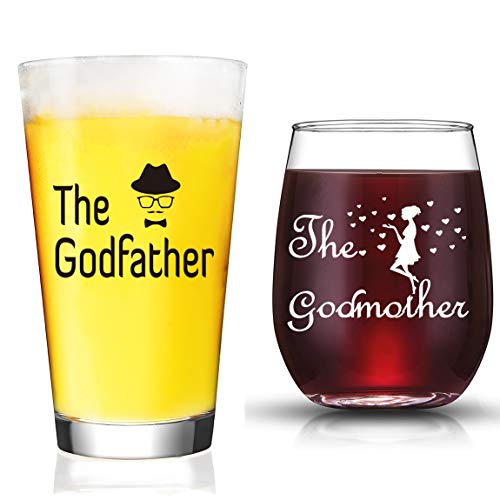 JERIO Godparents Proposal Gift, Godparents Gifts, Baptism Gift for Godparents from Godchild Godfather Beer Glass Godmother Stemless Wine Glass,Christmas Gifts for Godparents - Image 1