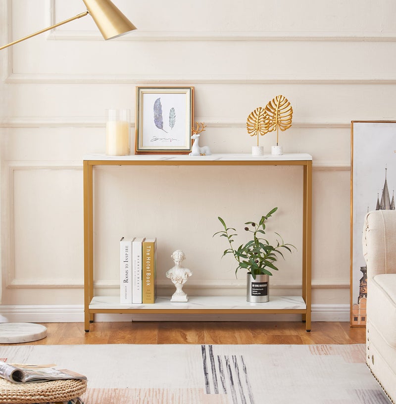 loglus Console Table for Entryway, Faux Marble MDF Sofa Table with Golden Frame (Double Layer, White Marble) - Image 2
