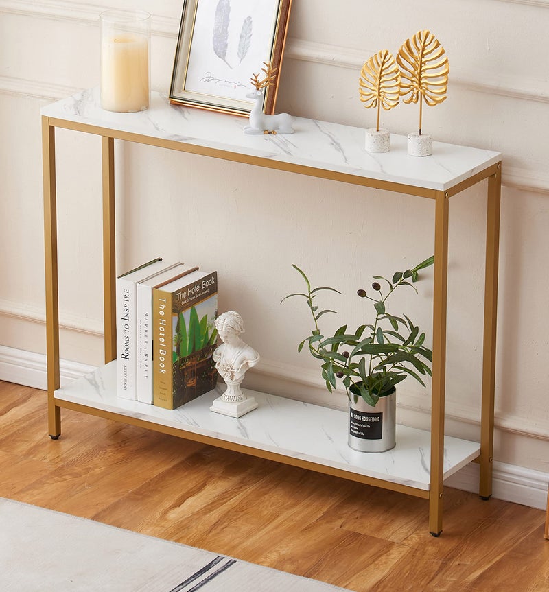 loglus Console Table for Entryway, Faux Marble MDF Sofa Table with Golden Frame (Double Layer, White Marble) - Image 1