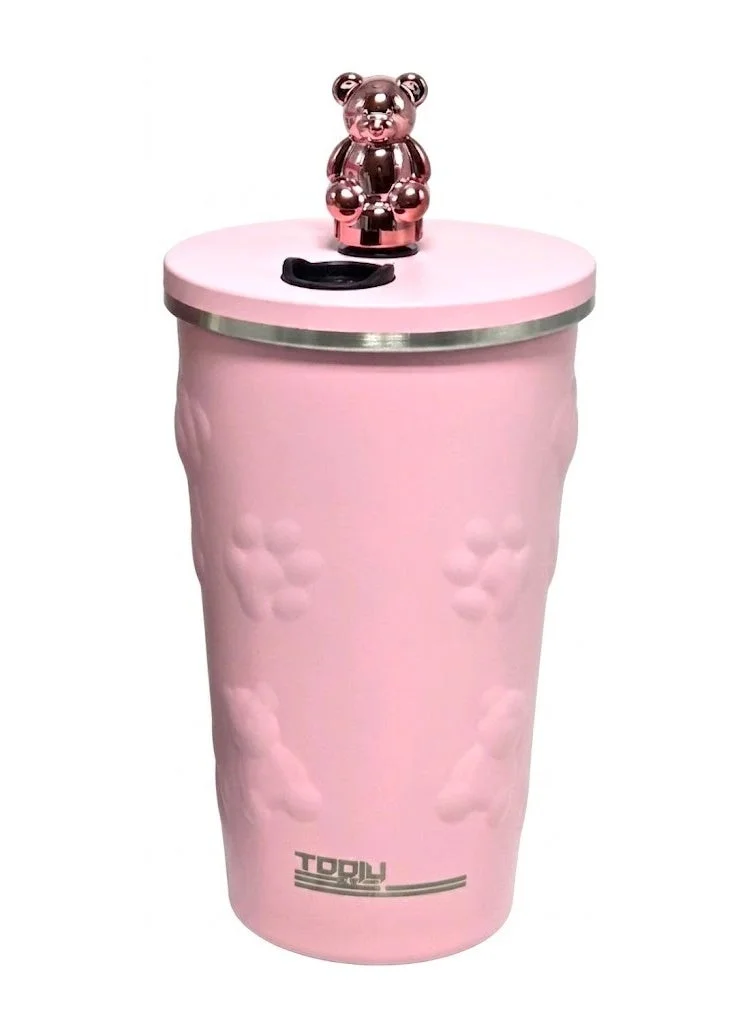 Tooly Stainless Steel Vacuum Insulated Tumbler Mug (600ml) with 3D Rose Gold Bear Lid Topper & Stainless Steel Straw – Keep Hot & Cold, Leak-Proof, Rust Resistant (Soft Pink)
