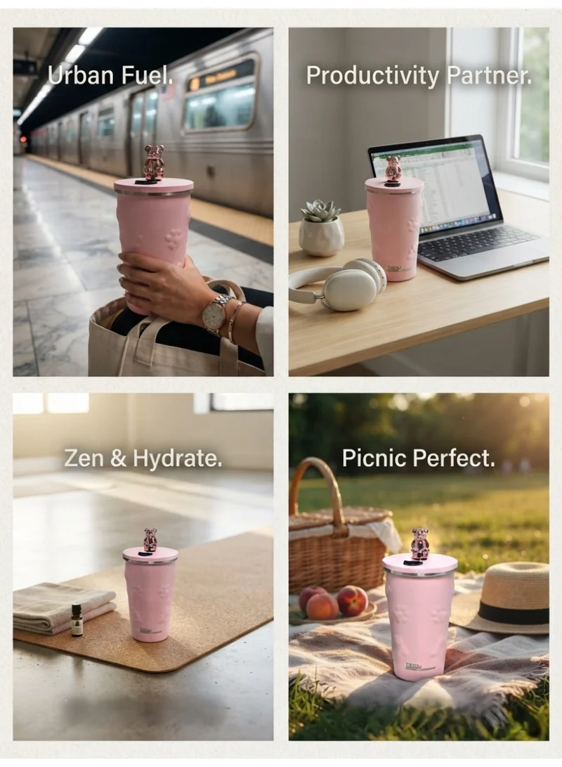 Tooly Stainless Steel Vacuum Insulated Tumbler Mug (600ml) with 3D Rose Gold Bear Lid Topper & Stainless Steel Straw – Keep Hot & Cold, Leak-Proof, Rust Resistant (Soft Pink)