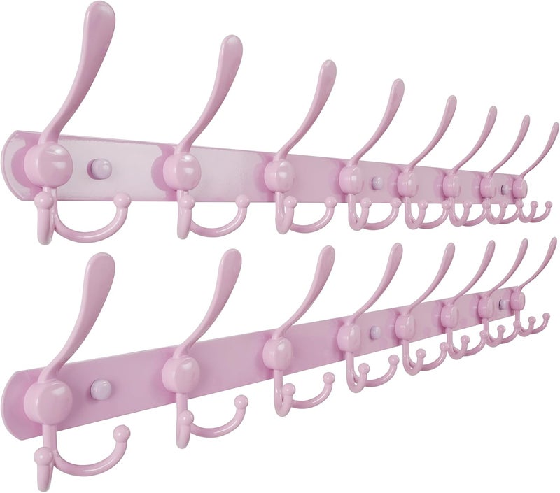 Dseap Coat Rack Wall Mount - 38” Long 10-Tri-Hooks Heavy Duty Coat Hanger Rail Wall Hooks for Hanging Coats Hats Clothing Clothes Purse Mudroom Entryway, Pink, Pack of 2 - Image 1