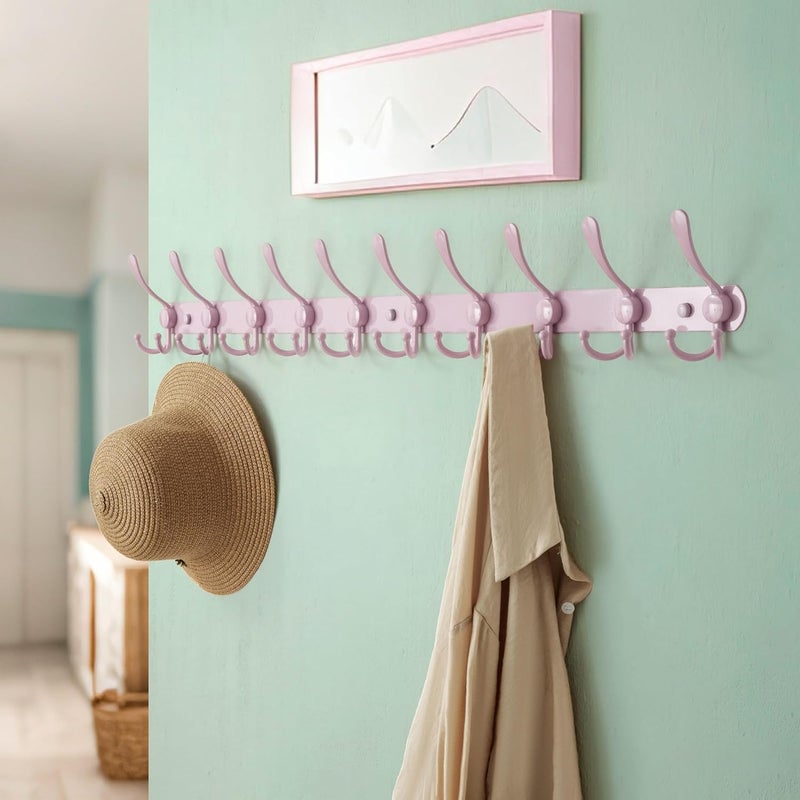Dseap Coat Rack Wall Mount - 38” Long 10-Tri-Hooks Heavy Duty Coat Hanger Rail Wall Hooks for Hanging Coats Hats Clothing Clothes Purse Mudroom Entryway, Pink, Pack of 2 - Image 3