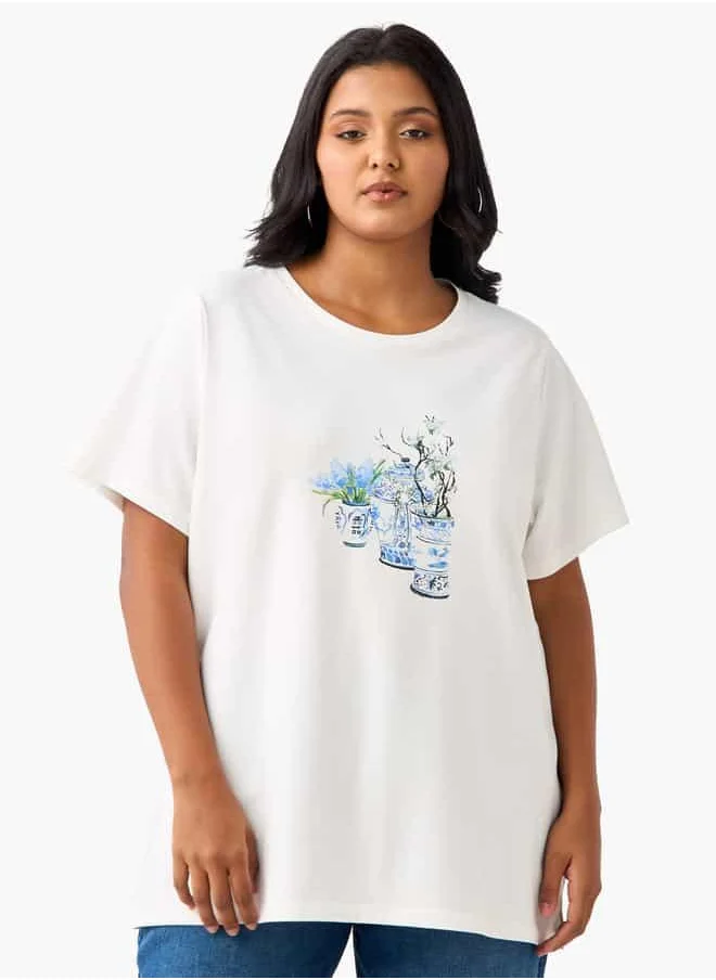 Ulla Popken Plus Size Ulla Popken Printed T-shirt with Short Sleeves and Round Neck