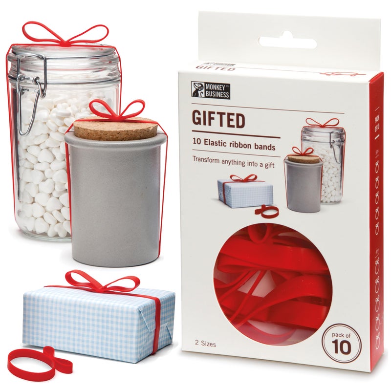 Monkey Business Gifted RED Elastic Silicone Ribbon Bands for Gift Wrapping Presents Packaging Solution Super Saver Pack of 10 Bands in 2 Sizes