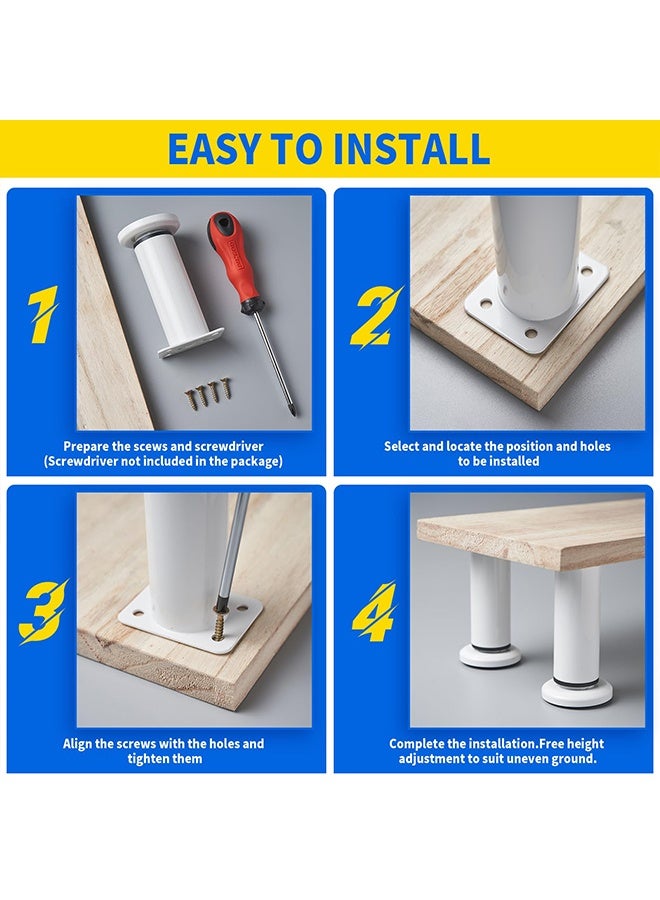 بوفان 4 قطع من أرجل دعم السرير القابلة للتعديل الارتفاع [مع 18 قطعة من البراغي] لإطار السرير/شريحة منتصف السرير، أرجل استبدال أثاث شديدة التحمل 4.72-7.08 بوصة للأريكة/الخزانة/الأريكة/خزانة الملابس/الطاولة (أبيض) - Image 5