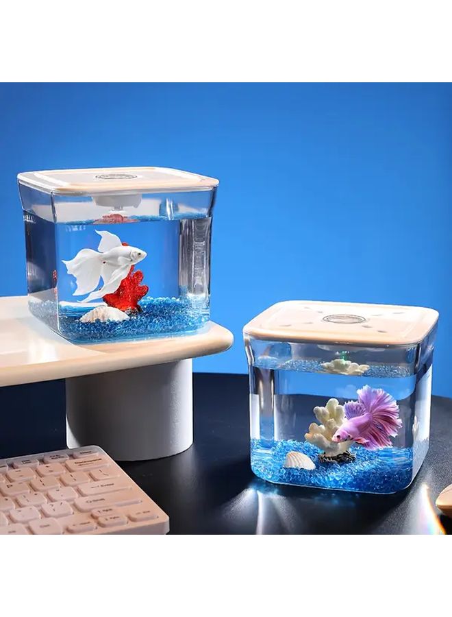 حوض أسماك بلاستيكي صغير مربع مع غطاء شفاف لتزيين المنزل - Image 2