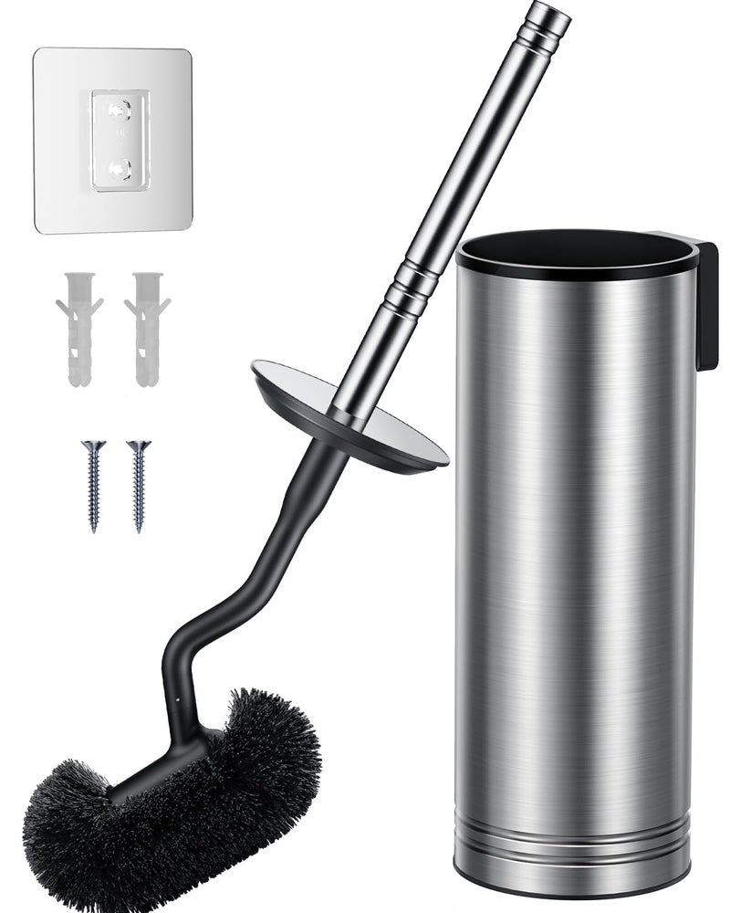 HAMITOR Toilet Brush and Holder Set: 304 Stainless Steel Heavy Duty Bowl Cleaner Brush - Deep Cleaning Under Rim Curved Bristle - Space Saving Wall-Mounted for Home RV Bathroom Accessories Silver - Image 1
