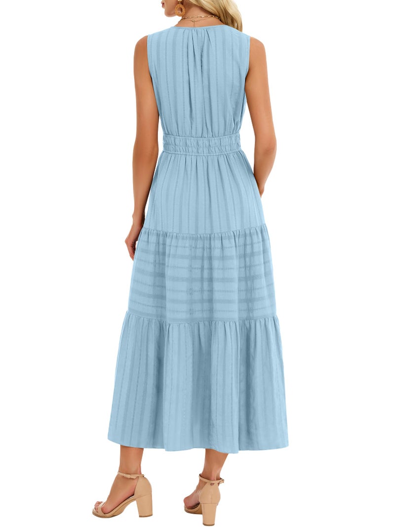 Funlingo Midi Dresses for Women Casual Summer Elastic Waist Maxi A Line Dresses Comfortable Cotton Flowy Boho Wedding Dress for Travel Graduation Church Holidays Light Blue XL - Image 4