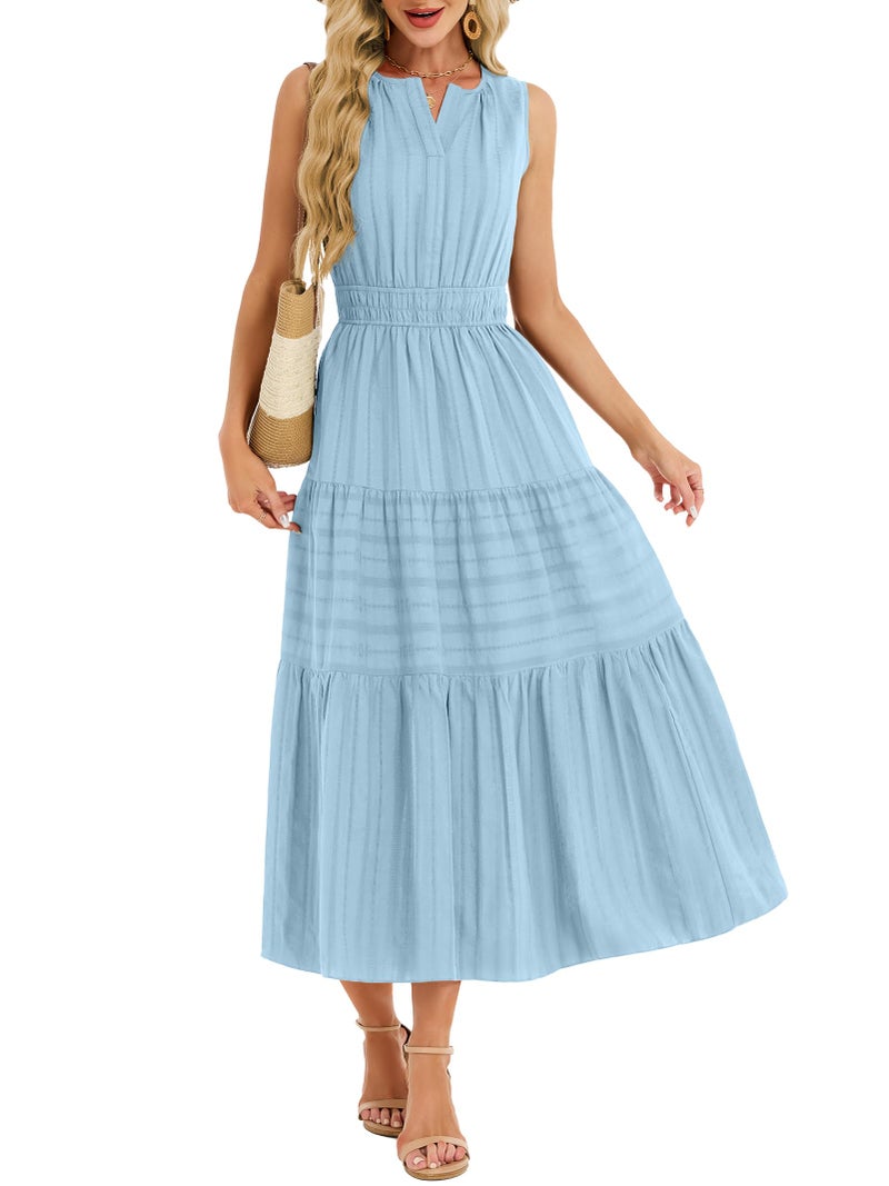 Funlingo Midi Dresses for Women Casual Summer Elastic Waist Maxi A Line Dresses Comfortable Cotton Flowy Boho Wedding Dress for Travel Graduation Church Holidays Light Blue XL - Image 5