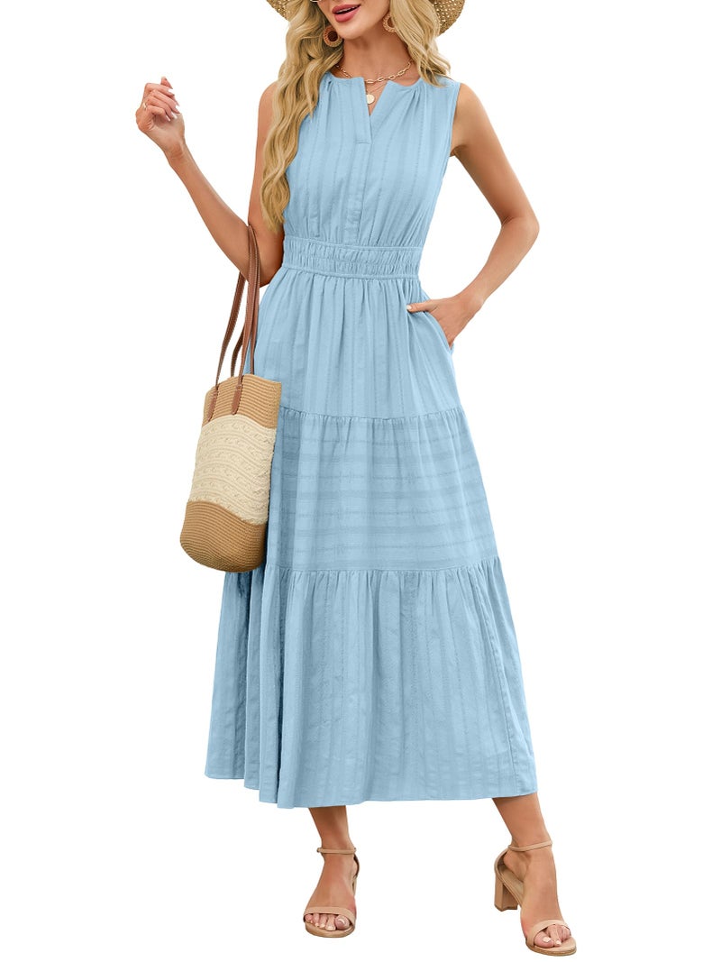 Funlingo Midi Dresses for Women Casual Summer Elastic Waist Maxi A Line Dresses Comfortable Cotton Flowy Boho Wedding Dress for Travel Graduation Church Holidays Light Blue XL - Image 2