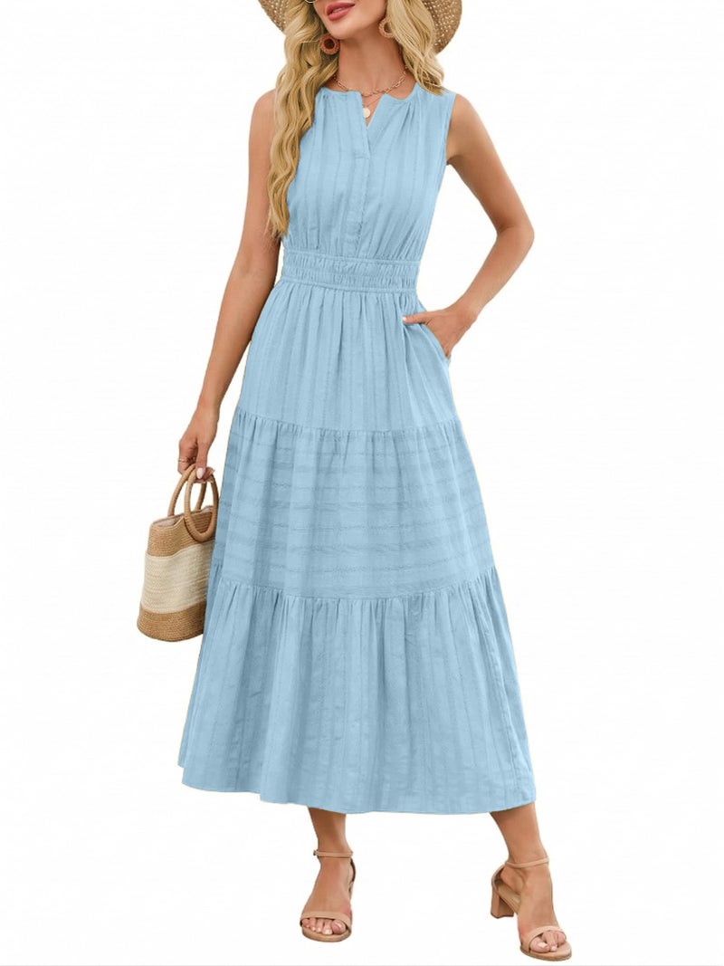 Funlingo Midi Dresses for Women Casual Summer Elastic Waist Maxi A Line Dresses Comfortable Cotton Flowy Boho Wedding Dress for Travel Graduation Church Holidays Light Blue XL - Image 1