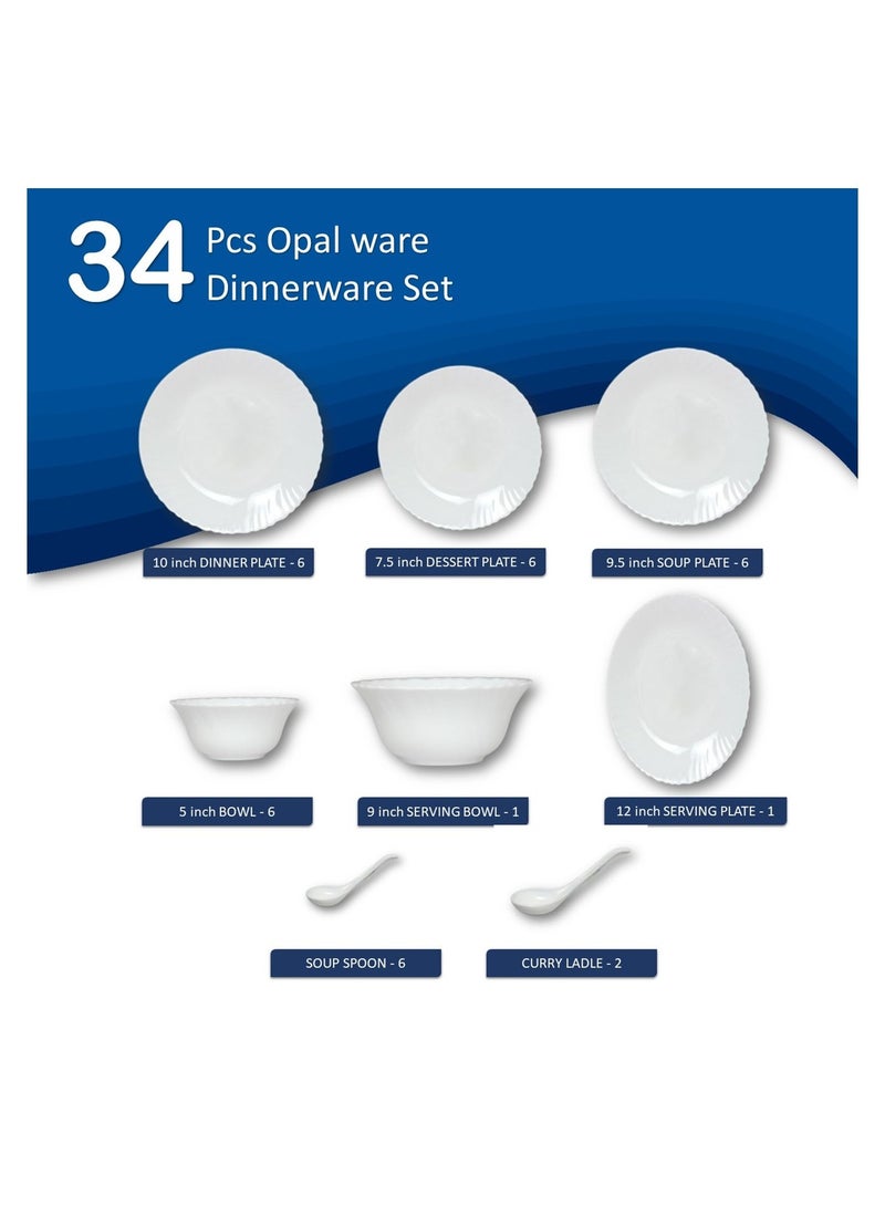 Houzi طقم عشاء هوزي 34 قطعة من الخزف الأوبال 8 أطباق عشاء 8 أطباق حلوى 8 أطباق شوربة 8 سلطانيات 1 طبق تقديم 1 وعاء تقديم - Image 5