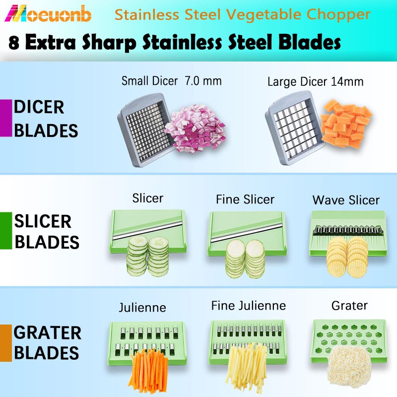 Moeuonb All-in-1 Vegetable Chopper with 8 Blades - Mandoline Slicer - Pro Food Chopper with Container - Veggie Salad Onion Chopper - Potatoe Dicer French Fry Cutter - Cheese Grater - Stainless Steel material - Image 2