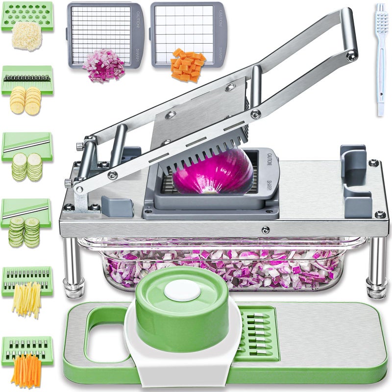 Moeuonb All-in-1 Vegetable Chopper with 8 Blades - Mandoline Slicer - Pro Food Chopper with Container - Veggie Salad Onion Chopper - Potatoe Dicer French Fry Cutter - Cheese Grater - Stainless Steel material - Image 1