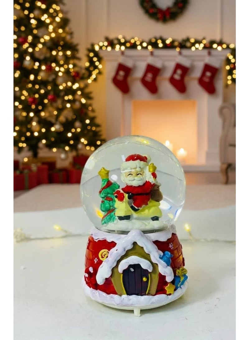 Christmas crystal Santa Claus with motorcycle, Christmas tree, and snow. The crystal features cocktail lights and music, operates on batteries, and is medium size (8 x 12 cm).