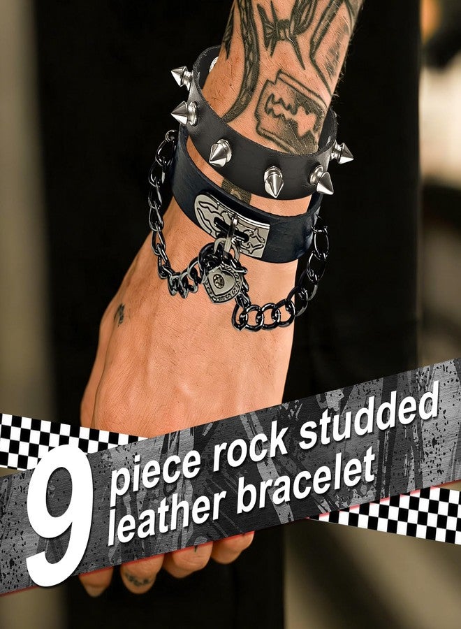 HISAKYST 9pcs Spiked Bracelets,Spike Bracelet,Emo Bracelets,Black Leather Rivet Punk Bracelet,80s Goth Accessories,Perfect for Cool Rockers, Skateboarders, And Motorcycle Enthusiasts - Image 3