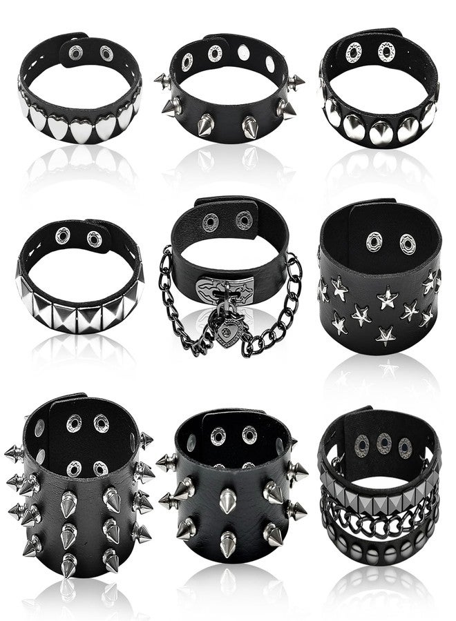 HISAKYST 9pcs Spiked Bracelets,Spike Bracelet,Emo Bracelets,Black Leather Rivet Punk Bracelet,80s Goth Accessories,Perfect for Cool Rockers, Skateboarders, And Motorcycle Enthusiasts - Image 1