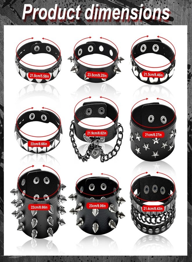 HISAKYST 9pcs Spiked Bracelets,Spike Bracelet,Emo Bracelets,Black Leather Rivet Punk Bracelet,80s Goth Accessories,Perfect for Cool Rockers, Skateboarders, And Motorcycle Enthusiasts - Image 2