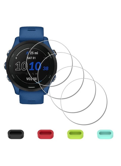[4 Pack] Screen Protector for Garmin Forerunner 255/255 Music 46mm Smartwatch + Silicone Anti-dust Plugs Tempered Glass Anti-Scratch Bubble-Free