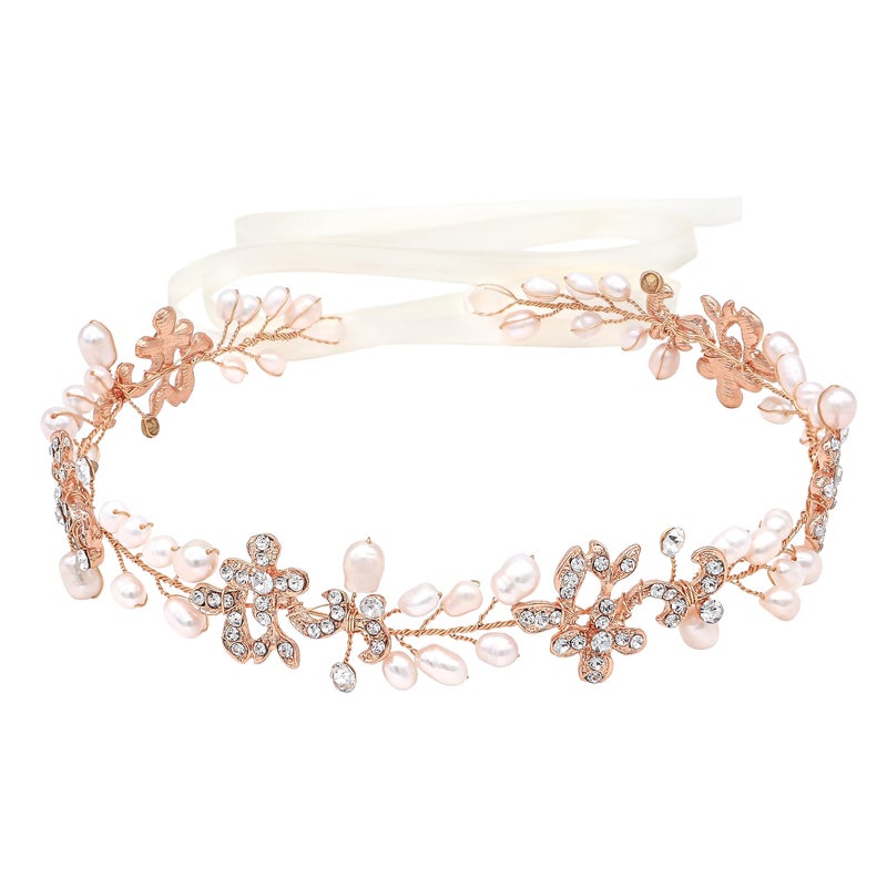 Ammei Headpiece Ammei Headpiece Rose Gold Luxury Bridal Headbands With Genuine Freshwater Pearls Hair Vines Wedding Headpieces For Bride Bridesmaids Prom Hair Accessories With Ivory Ribbons 
