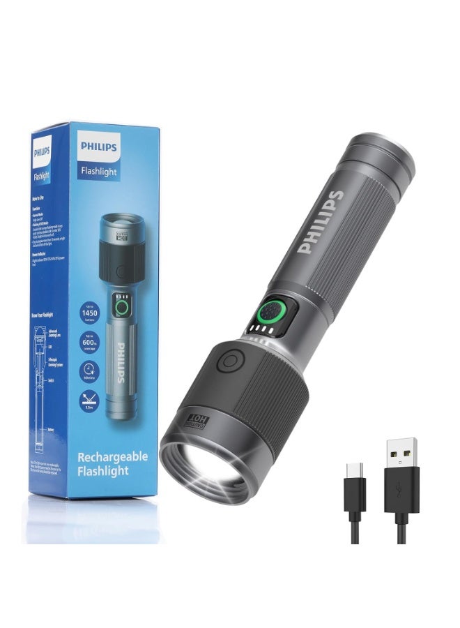 Philips 30W Rechargeable LED Torch Light | 1450 Lumens Super Bright High Power Flashlight | 690M Long Range Beam | Telescopic Zoom | 2200mAh Battery | Aircraft-Grade Aluminium Body | Water & Drop Resistant | Emergency Flashlight for Home, Camping & Outdoor Use grey - Image 1