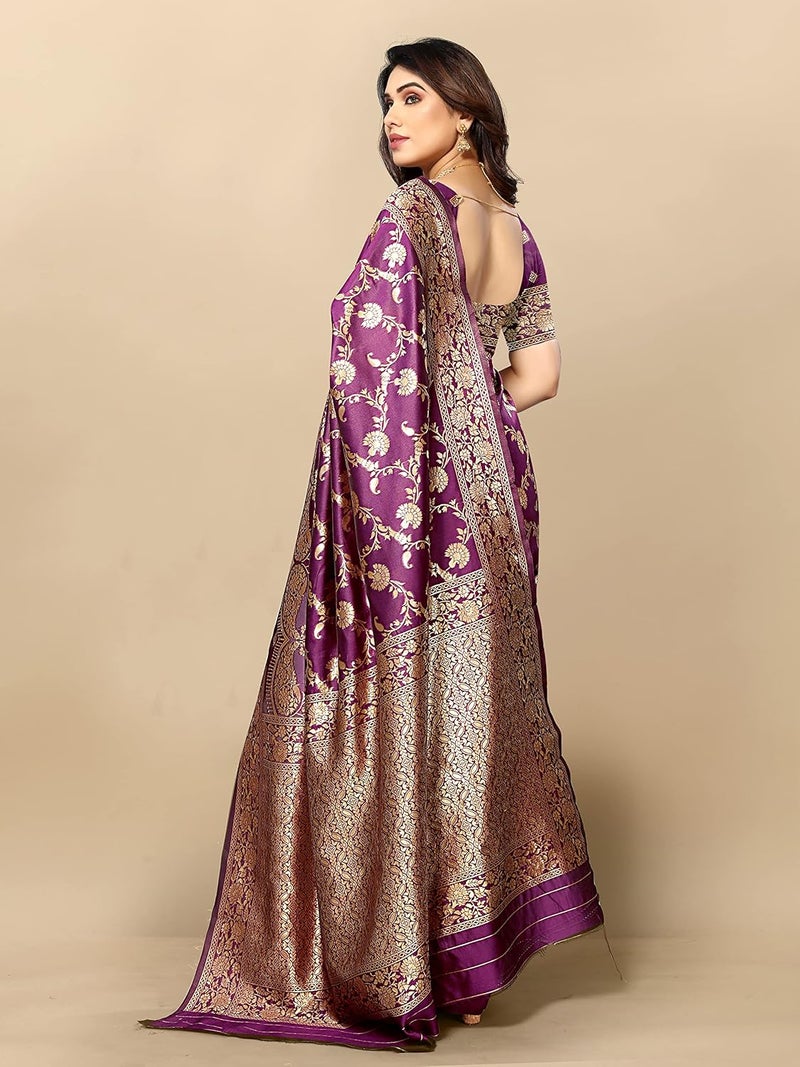 Sidhidata Women's Kanjivaram Banarasi Jacquard Silk Saree with Blouse Piece - Jamli Color - Image 4