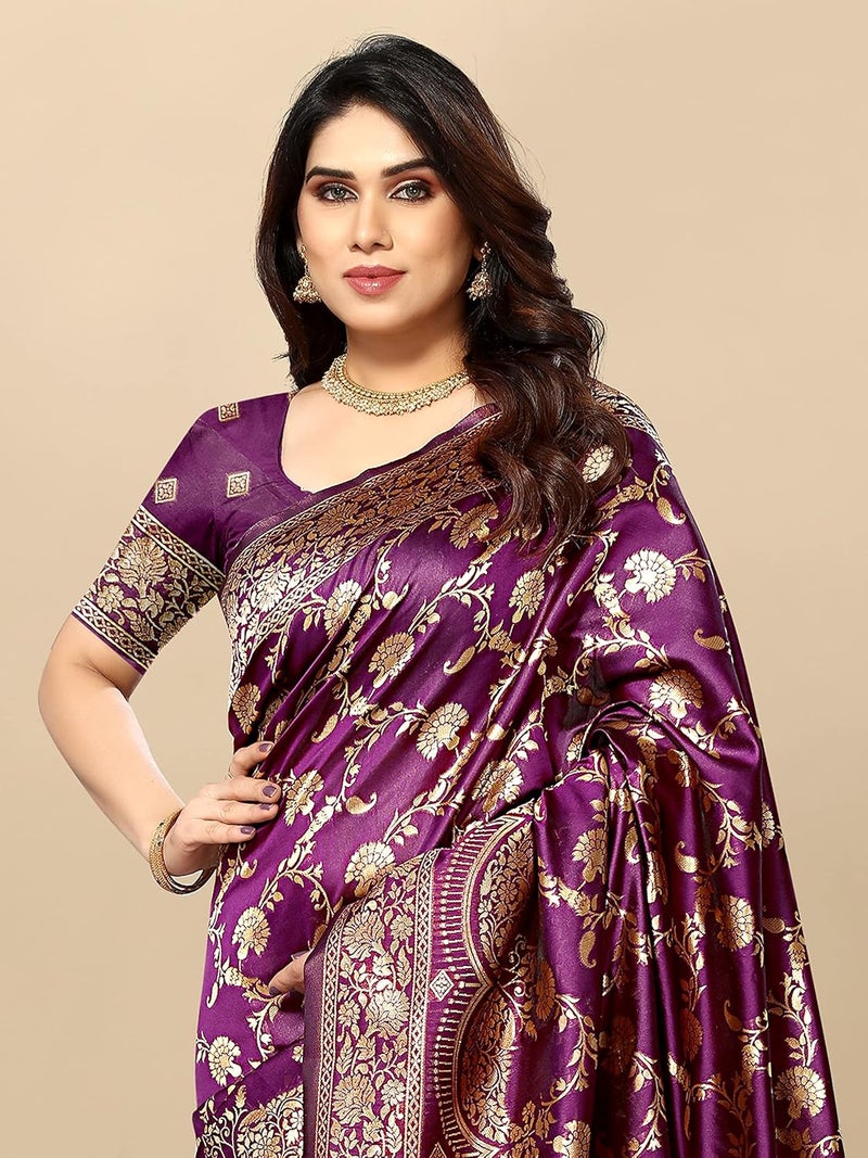 Sidhidata Women's Kanjivaram Banarasi Jacquard Silk Saree with Blouse Piece - Jamli Color - Image 2