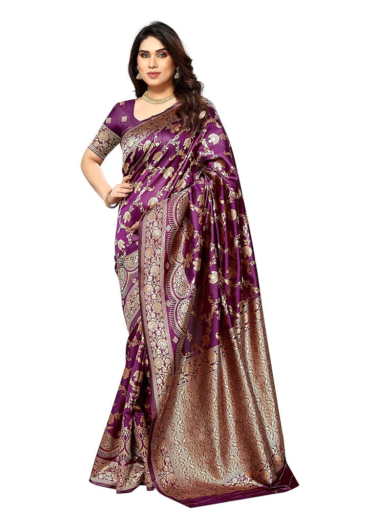 Sidhidata Women's Kanjivaram Banarasi Jacquard Silk Saree with Blouse Piece - Jamli Color - Image 1