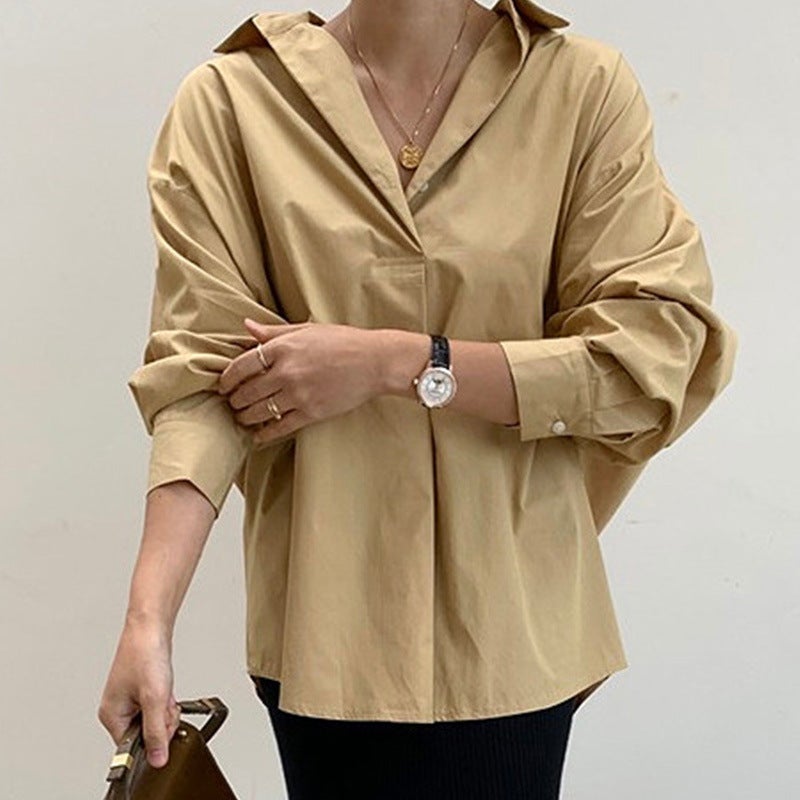 2024 early spring new elegant all-match button loose slimming solid color long sleeve shirt cotton top for women Khaki - Image 1