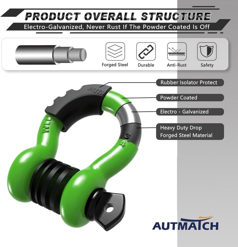 AUTMATCH D Ring Shackle 3/4" Shackles (2 Pack) 41,887Ibs Break Strength, Clevis Shackle with 7/8" Screw Pin and Shackle Isolator Washers Kit for Tow Strap Winch Off Road Vehicle Recovery, Green - Image 4