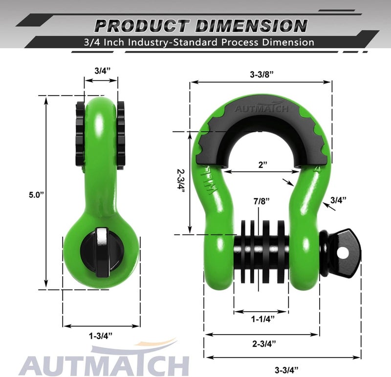 AUTMATCH D Ring Shackle 3/4" Shackles (2 Pack) 41,887Ibs Break Strength, Clevis Shackle with 7/8" Screw Pin and Shackle Isolator Washers Kit for Tow Strap Winch Off Road Vehicle Recovery, Green - Image 3