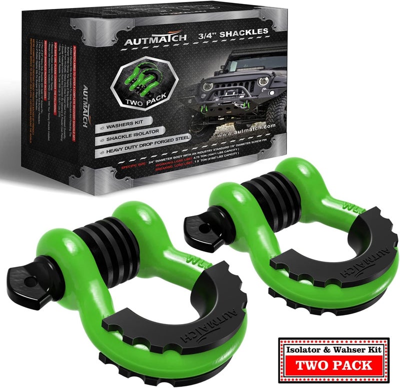 AUTMATCH D Ring Shackle 3/4" Shackles (2 Pack) 41,887Ibs Break Strength, Clevis Shackle with 7/8" Screw Pin and Shackle Isolator Washers Kit for Tow Strap Winch Off Road Vehicle Recovery, Green - Image 1