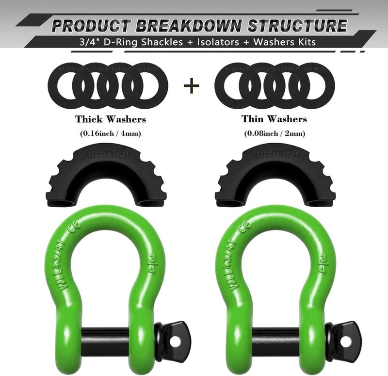 AUTMATCH D Ring Shackle 3/4" Shackles (2 Pack) 41,887Ibs Break Strength, Clevis Shackle with 7/8" Screw Pin and Shackle Isolator Washers Kit for Tow Strap Winch Off Road Vehicle Recovery, Green - Image 2