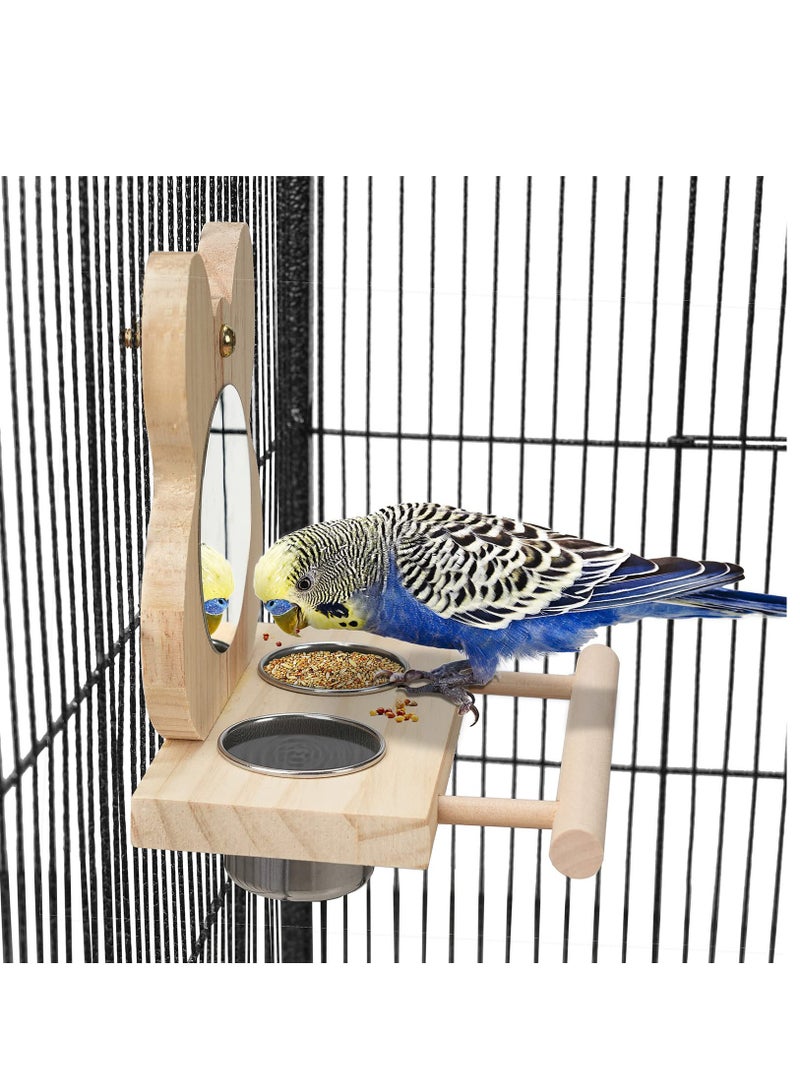 Bird Perch with Mirror and Stainless Steel Feeding Cups,Wooden Parrot Mirror Toy for Bird Cage, Bird Food water Feeder Perches for Budgie Parakeet Lovebird African Grey Macaw Cockatiels, And Fun Play - Image 5