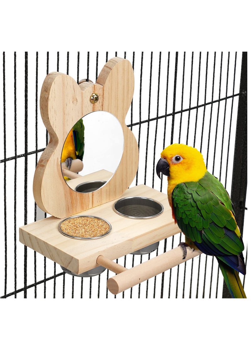 Bird Perch with Mirror and Stainless Steel Feeding Cups,Wooden Parrot Mirror Toy for Bird Cage, Bird Food water Feeder Perches for Budgie Parakeet Lovebird African Grey Macaw Cockatiels, And Fun Play - Image 1