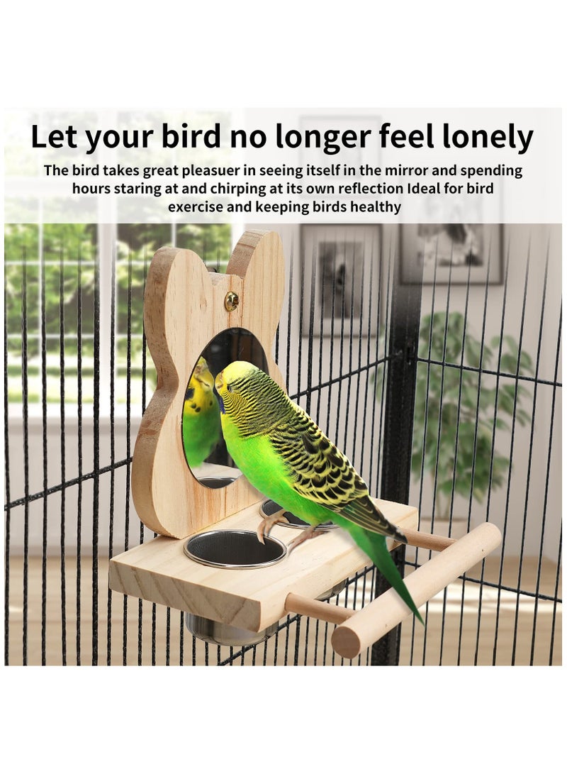 Bird Perch with Mirror and Stainless Steel Feeding Cups,Wooden Parrot Mirror Toy for Bird Cage, Bird Food water Feeder Perches for Budgie Parakeet Lovebird African Grey Macaw Cockatiels, And Fun Play - Image 4
