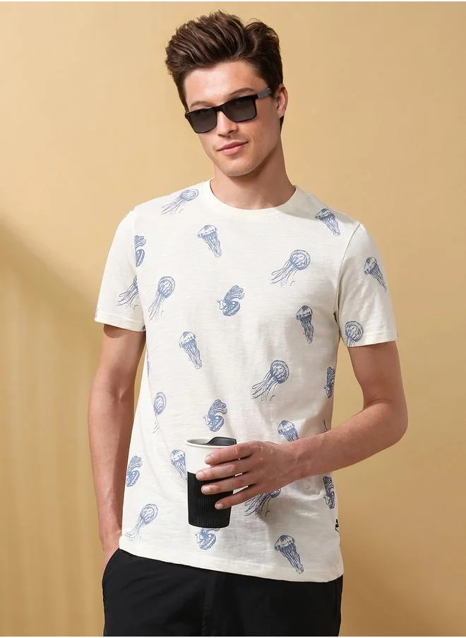 دينيس لينغو Men's Marshmallow 100% Cotton Printed Regular Fit T-Shirt