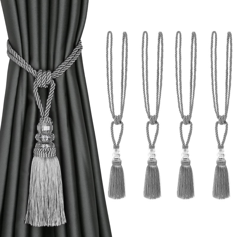 BEL AVENIR 4 Pack Curtain HandWoven Tiebacks Crystal Holdbacks Home Decorative Tassels Silver2 4 Pack