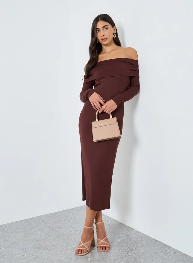 Styli Styli Brown Ribbed Off Shoulder Midi Dress