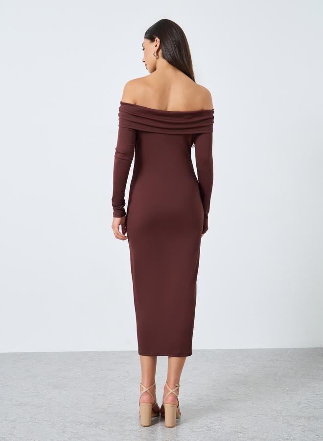 ستايلي فستان ميدي مضلع بأكتاف مكشوفة - Image 5