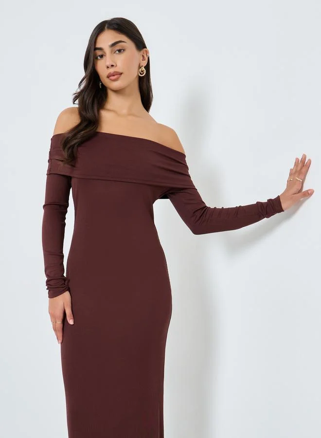Styli Styli Brown Ribbed Off Shoulder Midi Dress