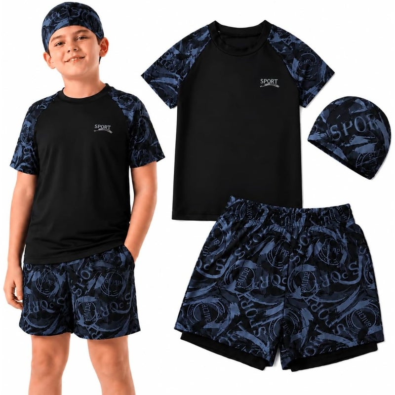 3 Pcs Boys Swimming Suit with Short Sleeve Swim Shirt, Swim Shorts and Swim Cap, Swimming Suit for Beach Pool Surfing, Quick Dry for Boys, Big Swimwear Set 9-15 Years - Image 1