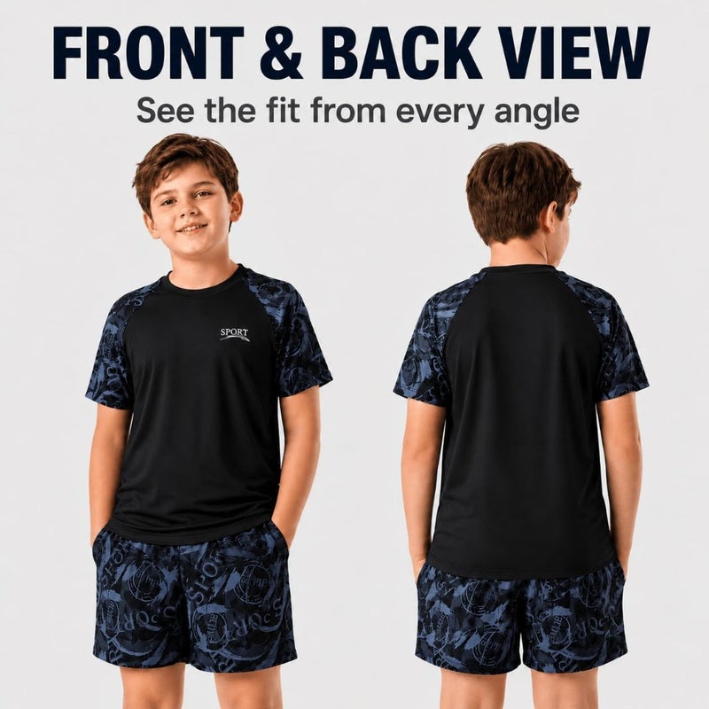 3 Pcs Boys Swimming Suit with Short Sleeve Swim Shirt, Swim Shorts and Swim Cap, Swimming Suit for Beach Pool Surfing, Quick Dry for Boys, Big Swimwear Set 9-15 Years - Image 4