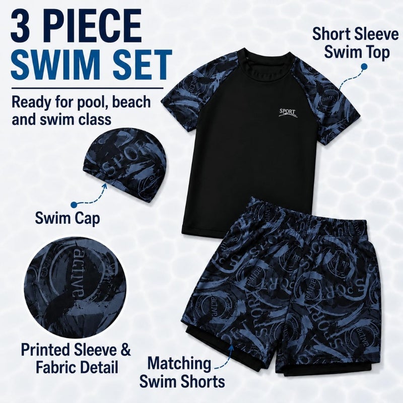 3 Pcs Boys Swimming Suit with Short Sleeve Swim Shirt, Swim Shorts and Swim Cap, Swimming Suit for Beach Pool Surfing, Quick Dry for Boys, Big Swimwear Set 9-15 Years - Image 5