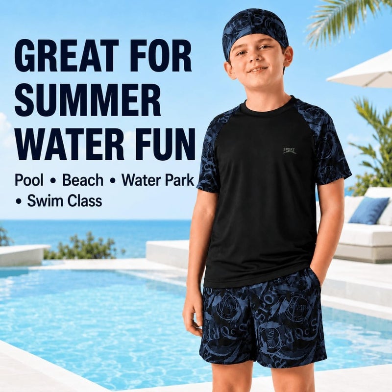 3 Pcs Boys Swimming Suit with Short Sleeve Swim Shirt, Swim Shorts and Swim Cap, Swimming Suit for Beach Pool Surfing, Quick Dry for Boys, Big Swimwear Set 9-15 Years - Image 3