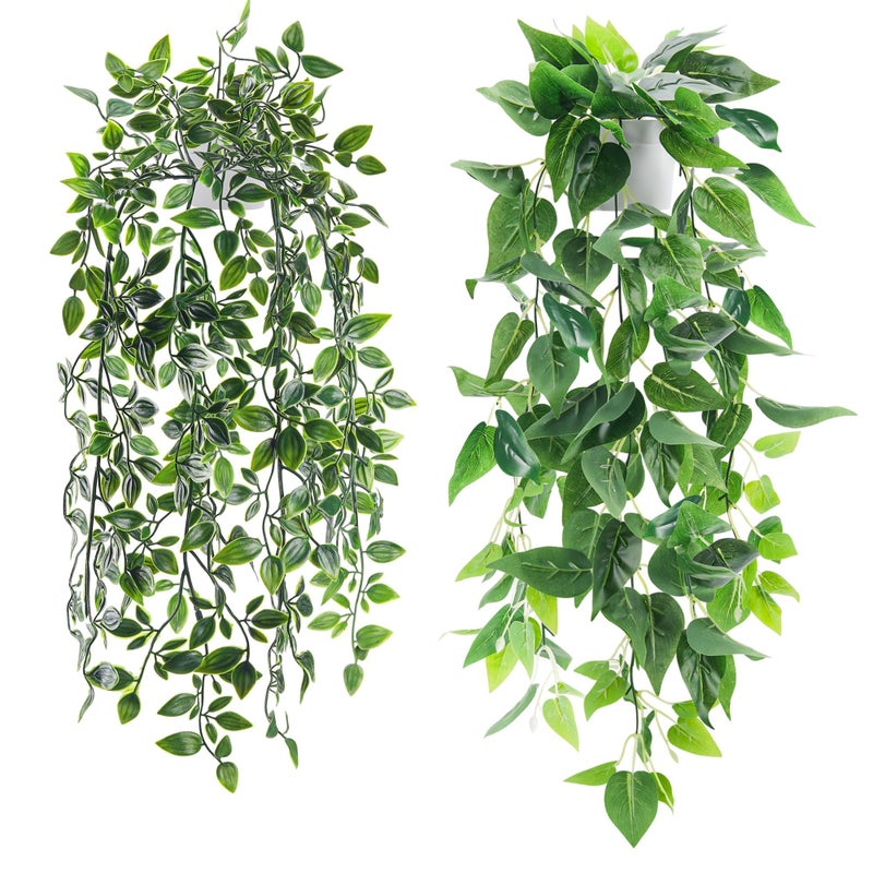 Der Rose 2 Pack Fake Plants Hanging Faux Potted Ivy Vine Artificial Plants Indoor for Room Bathroom Wall Shelf Outdoor Decor