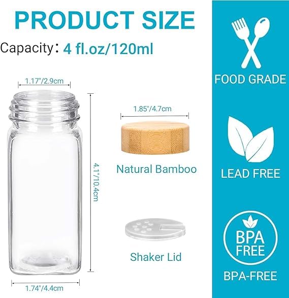 CASADELIGHT Square Glass Spice Jars 120 ml Clear Glass Square Spice Jar Black Sifter Two Sided Sifter Capshaker holespour open and Freshness Seal Wooden 10 - Image 2