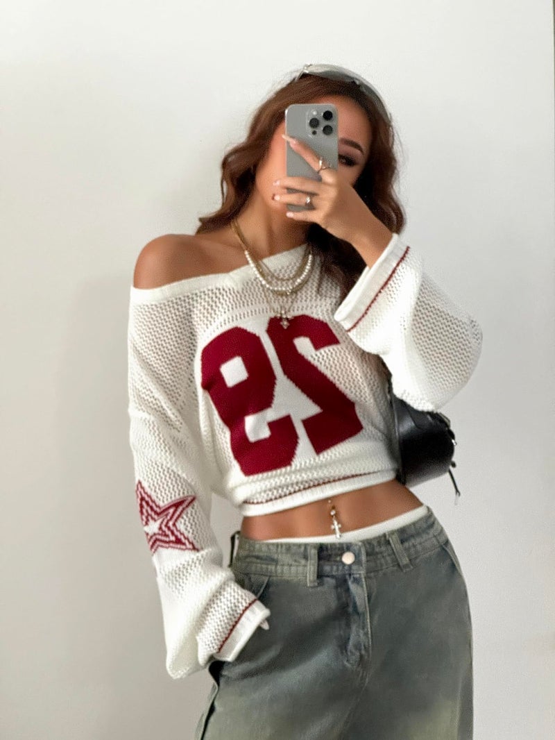 Verdusa Women's Y2k Tops Jersey Shirts Oversized Crochet Graphic Going Out Tops V Neck Pullover Sweater Streetwear Hollow White Large - Image 5